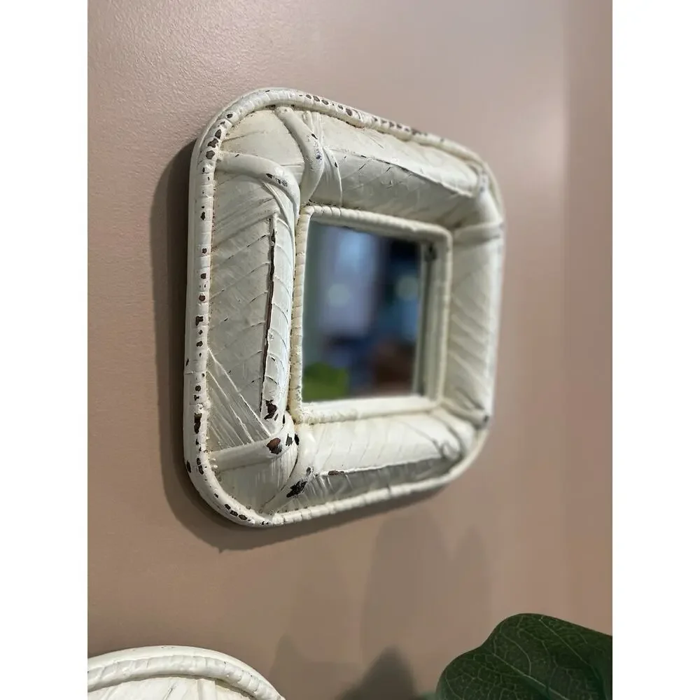 Set of 3 Rattan Mirrors Cream Hand Painted Rustic Distressed Boho Eclectic Wall
